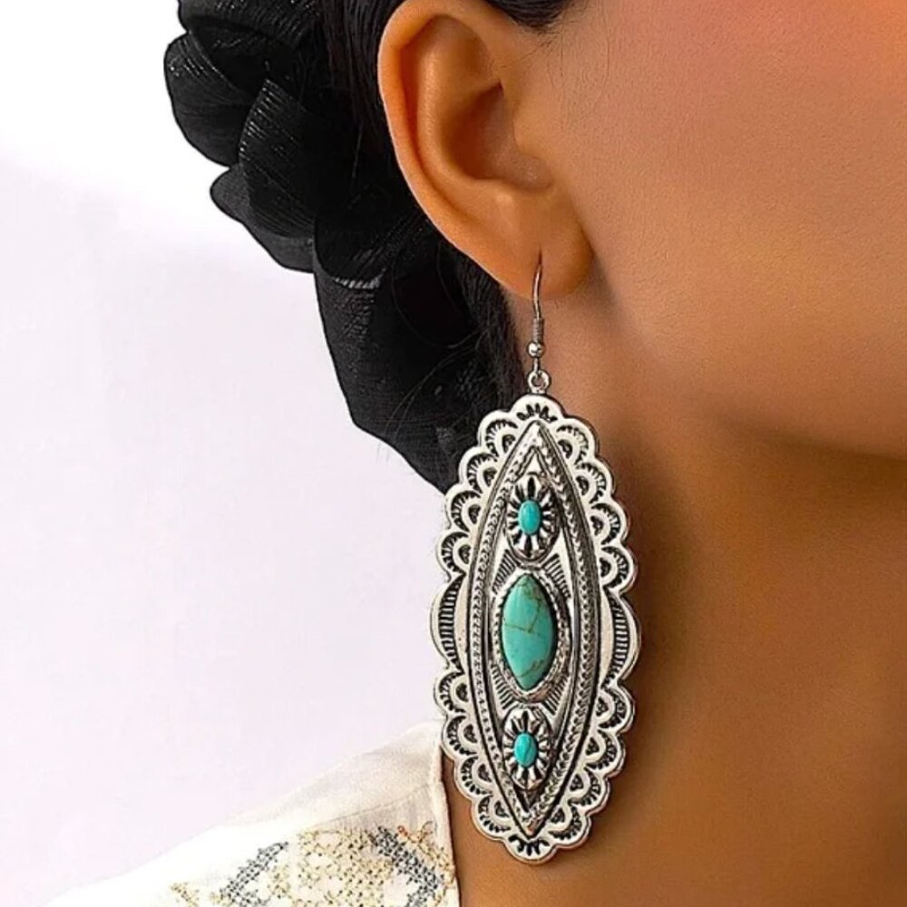 Silver Boho Turquoise Dangle Earrings Western Statement Tribal Hippie